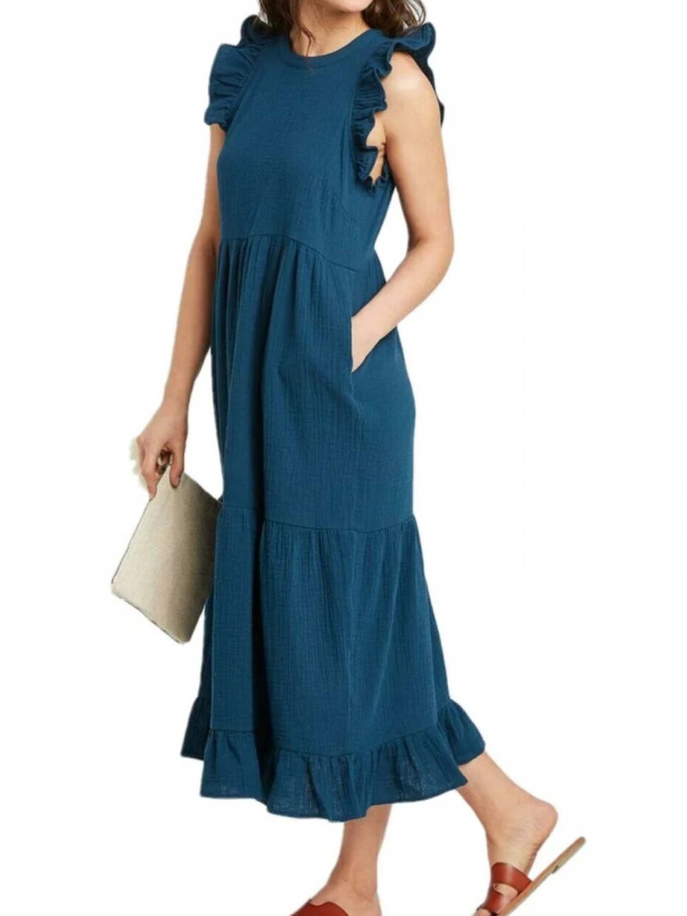 Ruffled Sleeve Tiered Midi Dress in Vibrant Red Size Large - Picture 5 of 6